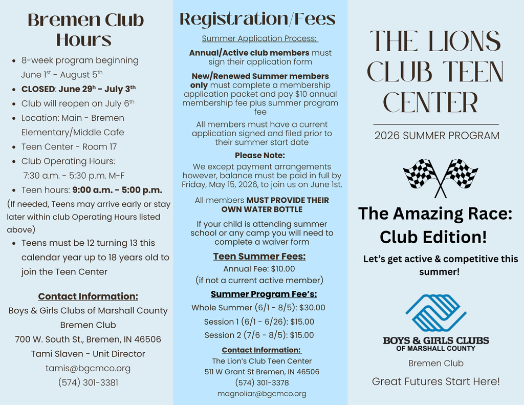 BGC Teen Center 2026 Summer Brochure Page 1