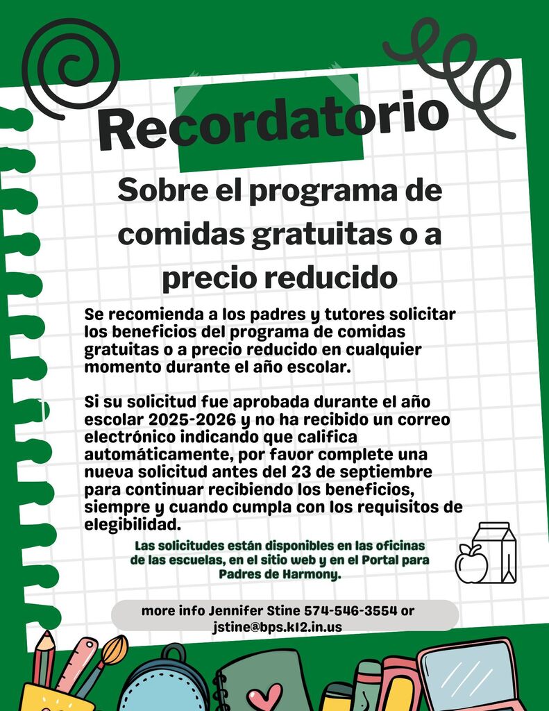 Recordatorio sobre el programa de comidas gratuitas o precio Reducido