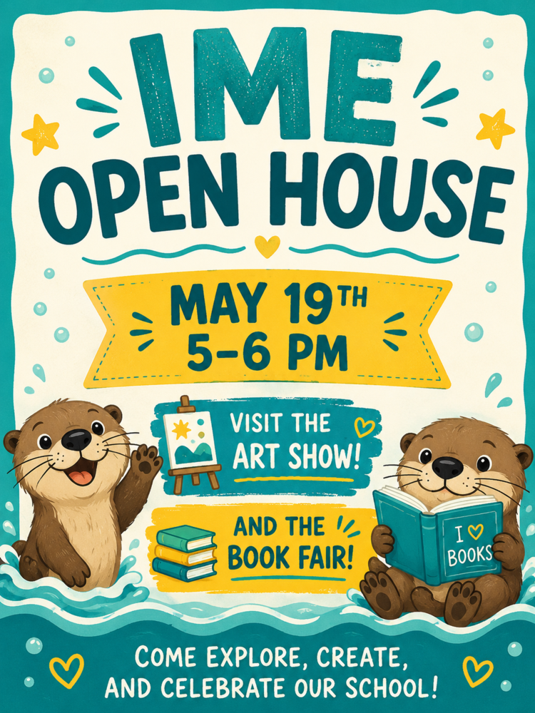 Two Otters reading a book and displaying information about IME Open House