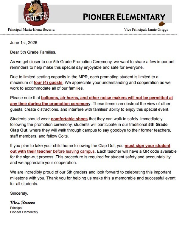 Letter regarding fifth grade promotion 
