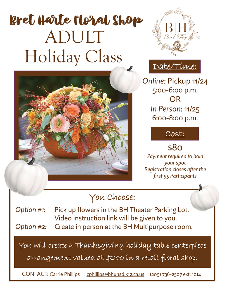 Bret Harte Floral Shop adult holiday class flyer