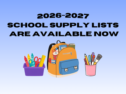 2026-2027 School Supply Lists Are Available Now. An illustration of an orange and blue backpack overflowing with school supplies, next to cups holding pencils, crayons, and paintbrushes." This covers all the exact text on the graphic while giving screen readers a clear visual description of the "Just Packed" theme!