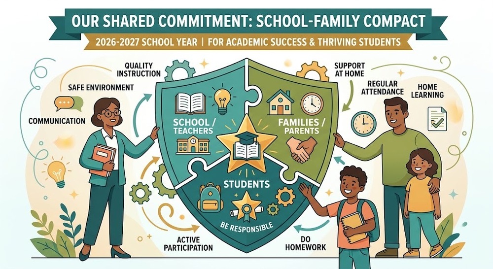 An educational infographic titled "OUR SHARED COMMITMENT: SCHOOL-FAMILY COMPACT 2026-2027 SCHOOL YEAR," illustrating a three-way partnership for student success. At the center is a shield shaped like a puzzle with three connecting pieces representing "SCHOOL / TEACHERS", "FAMILIES / PARENTS", and "STUDENTS", surrounded by a teacher on the left, a family on the right, and two students at the bottom. Small icons and labels around each section highlight responsibilities such as communication, safe environment, support at home, regular attendance, active participation, and homework.