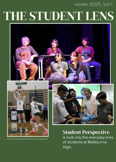 The cover of The Student Lens which features a group of drama students singing in Hadestown, two volleyball players blocking a shot, and chemistry students measuring volumes of a beaker.