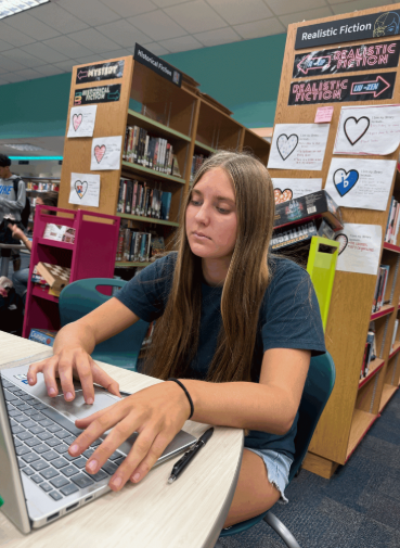 Defending the “Bad Guys”: Joli Bartczack presents her project on the Kakamora, the tiny pirate coconuts from Moana, to her English class. She had been a student at Melbourne High since her freshman year and was now a junior in Mrs. Courtney Boos’ class. For this project, students had to pick a villain and prove they were actually misunderstood instead of evil. Bartczack said she picked the Kakamora because she thought they were funny and enjoyed explaining how they only attacked Moana and Maui out of self-defense. She shared that the project wasn’t too hard and was actually pretty fun to make. “Mrs. Boos gives a lot of projects like this, slightly fun but still learning,” Bartczack said. Photo by Lily Majors