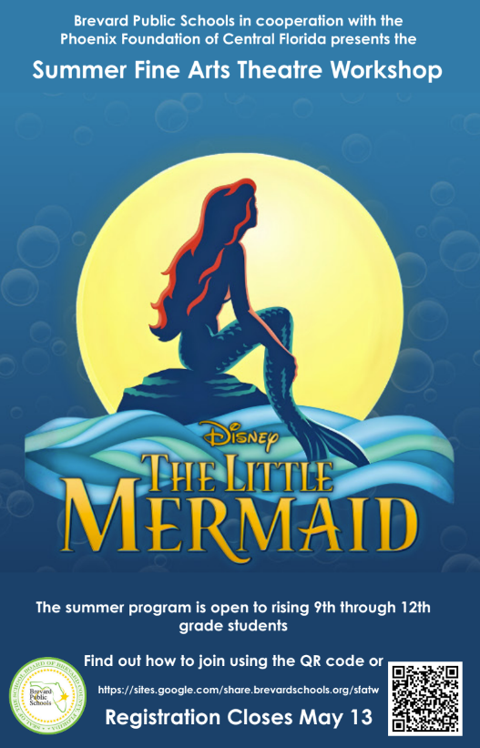Students, are you interested in performing as a member of a Broadway smash hit musical and having a great summer at the same time?  We are happy to announce the return of the Summer Fine Arts Theatre Workshop. Information  and pre-registration links for the 2026 Summer Fine Arts Theater Workshop production of The Little Mermaid are available from our art, chorus, band, orchestra, or drama teachers,  the media center, the guidance office, the main office, and on our school website. There is no cost and transportation will be provided. The site for this year’s production will be Satellite High School.  The pre-registration deadline is Wednesday, May 13