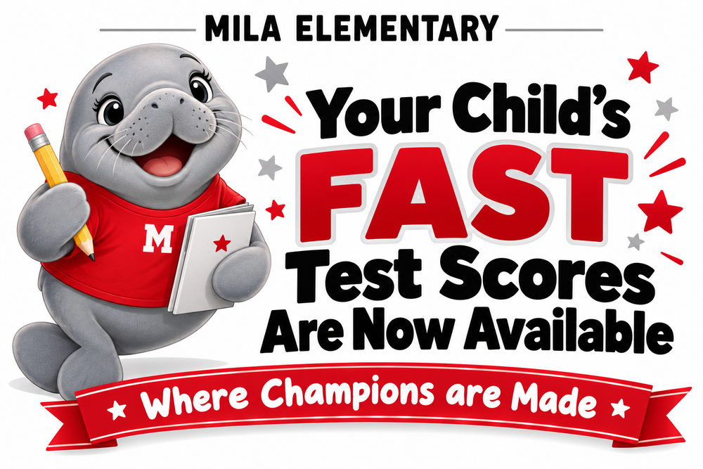 Manatee graphic with words that fast test scores are available