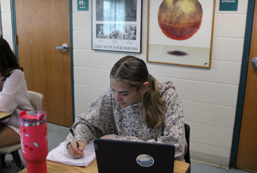 DISCOVERY TO THE BRAIN: During class, Senior, Dakota Leah participates in a Psychology lesson led by Mr. Buchanan at Melbourne High School. The course focuses on understanding the brain and human behavior through interactive activities, etc. Students participate in hands-on learning, complete quizzes, and group work to stay engaged and to better understand the material. Psychology class provides critical thinking and real world connections to the brain. “ Being in Psychology is fun and has helped me learn new things,” said Bellflower.   Photo by Jayda Blanc 