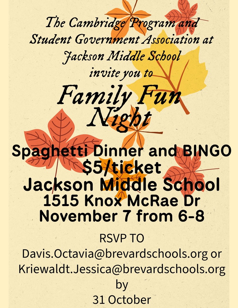 Family Fun Night November 7 from 6 to 8 pm. 