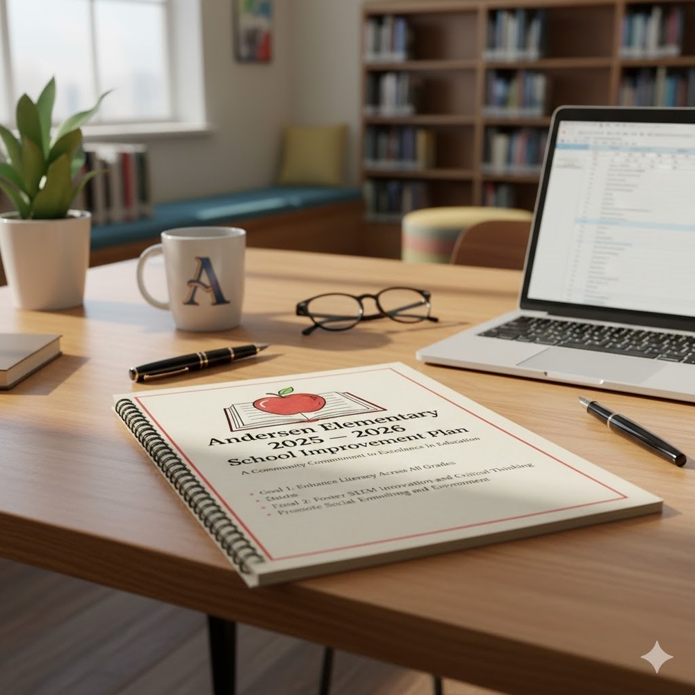 Image of Andersen Elementary School's School Improvement Plan document on a desk