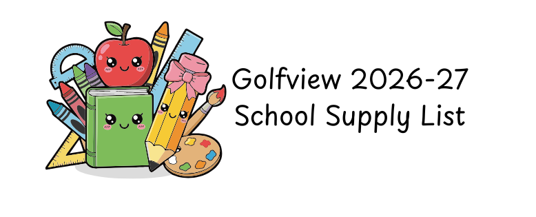 Illustration of school supplies with smiling faces. Golfvie 2026-27 School Supply List.