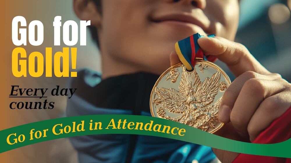 Kids running ina relay with the text go for gold, every day matters, and Go for the gold in attendance.
