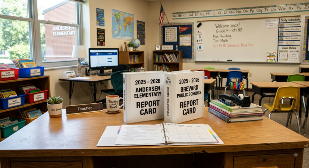Image of classroom with two binders on the teacher's desk. One is titled 2025 - 2026 Andersen Elementary Report Card and one is titled 2025 - 2026 Brevard Public Schools Report Card.