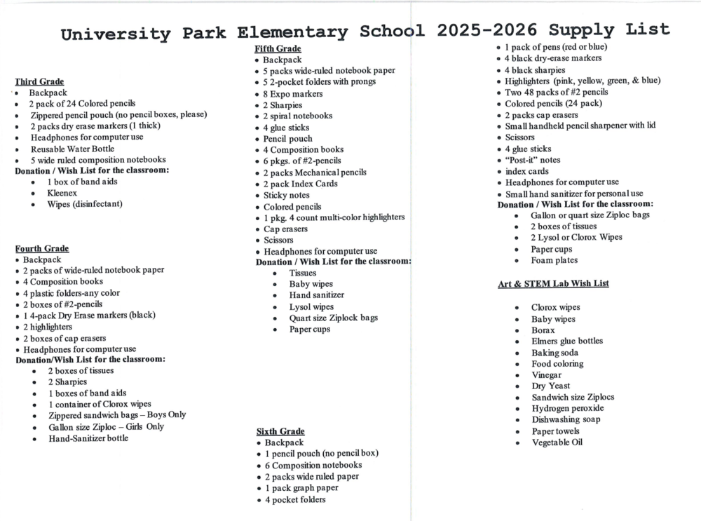 Supply List 3rd, 4th, 5th, 6th and activity