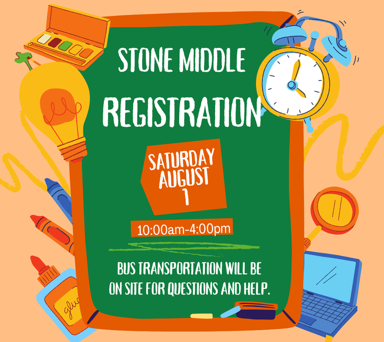 STONE MIDDLE SCHOOL REGISTRATION  SATURDAY, AUGUST 10:00am - 4:00pm  BUS TRANSPORTATION WILL BE ON SITE FOR QUESTIONS AND HELP. REGISTRATION IN THE STONE GYM  Please bring two proofs of residency and cash or check only. There is a required $3.00 Registration Fee. Sign up for free and reduced lunch will be available on site.  Contact: 1-321-723-0741 Address: Stone Middle School, 1101 E. University Blvd., Melbourne, FL 32901 Website: www.stone.brevardschools.org