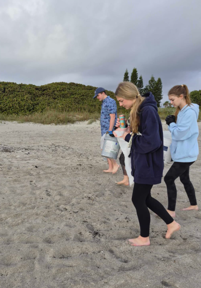 ONE STEP CLOSER. Team Voltage cleans trash in Paradise Beach on February 8th. The Melbourne High School robotics team made many efforts to volunteer around our Melbourne community and the beach clean up was  just one of the steps they took to help decrease pollution.”I love that our team is making an effort to help with pollution”, Kaya Kerins a new member of the robotics team said. Photo taken by Daniella Fassman.
