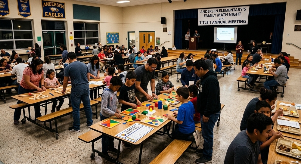 The image shows people in a cafeteria at  Andersen's Family Math Night and Title 1 Annual Meeting. The event will be held on Thursday, October 22, 2026 in Andersen's cafeteria. The Title 1 Annual Meeting and Thrifty's free dinner will be from 5:00 p.m. to 5:30 p.m. Family Math Night will be held from 5:30 p.m. to 7:00 p.m.