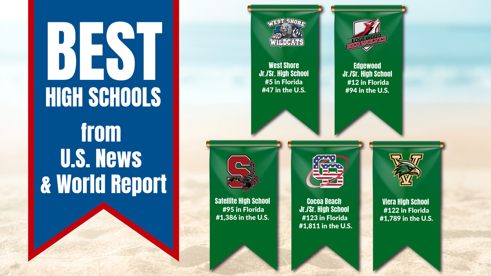 Best High Schools in US News and World Report logo with top schools from Brevard county West Shore Junior/Senior High School #5 in Florida  •  #47 in the U.S.  Edgewood Junior/Senior High School #12 in Florida  •  #94 in the U.S.  Satellite High School #95 in Florida  •  #1,386 in the U.S.  Viera High School #122 in Florida  •  #1,789 in the U.S.  Cocoa Beach Junior/Senior High School #123 in Florida  •  #1,811 in the U.S. 