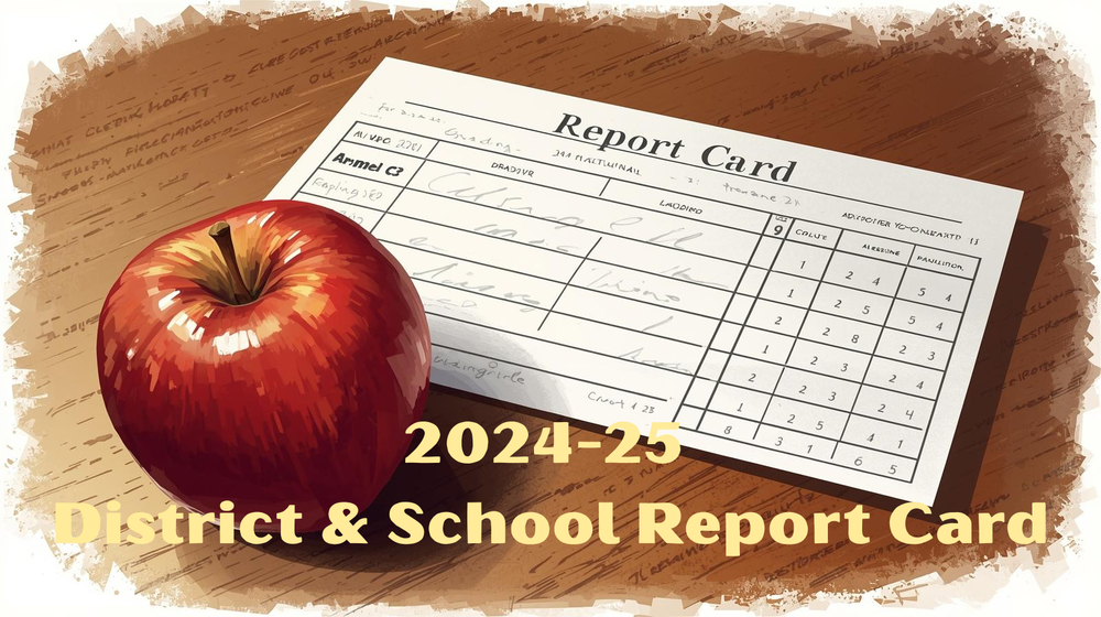 Apple and a report card sitting on a wooden desk top. 2024-25 District and School Report Card