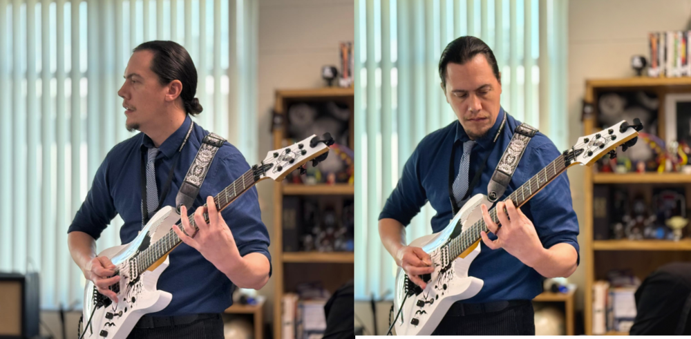 Captions: The Right Chord. Mr. Weston Parker plays his guitar during Guitar Club, practicing alongside students after school. Mr. Parker, who taught English and Theory of Knowledge, sponsored Guitar Club, which met every Thursday in Building 8, Room 801. He shared his passion for music and helped students build confidence and improve their skills. “I was 17 when I first started playing the guitar.” said Mr. Parker. Photo by Aadhya Patel. MELODIES. Mr. Weston Parker practices with the guitar with club members and showcases his skills as the guitar club sponsor. Mr. Parker teaches English and Theory of Knowledge, but he has a strong passion for the guitar and tells many students to try something new. “I love learning and as a teacher I can talk to students and teach them and constantly learn new things”, Mr. Parker said. Photo taken my Aadhya Patel.