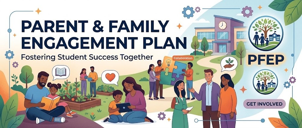 Graphic banner for "Parent & Family Engagement Plan: Fostering Student Success Together" featuring illustrations of diverse families reading, collaborating on a puzzle, using a tablet, and interacting with school staff outside a school building. Includes a "Get Involved" button and "PFEP" logo.