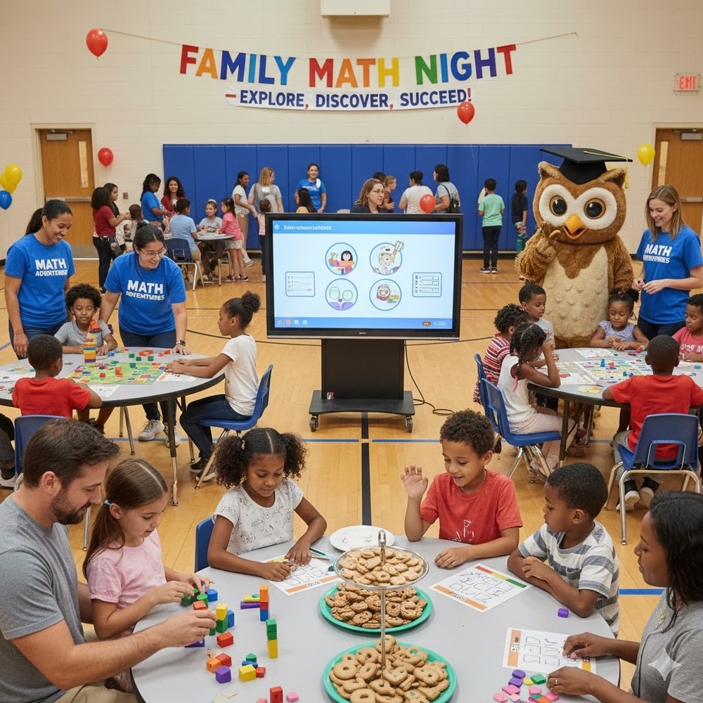 Image of parents, students, and teachers at school during a Meeting for Family Math Night.