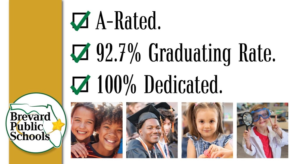 Four smaller pictures of happy students with the brevard public schools logo on a golden and white background