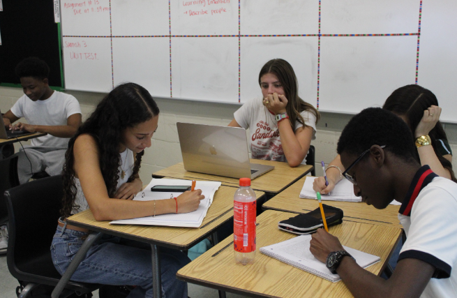 Spreading Culture: Juniors Jacinda Guadalupe, Lauren Deacon, and senior De’Andre Burks sign up for what video they’re going to make for Hispanic Heritage Month. On February 9th, Spanish Honors Society members met up after school to discuss their plans for the month. The club’s main goal was to share Hispanic culture with the rest of the school. “We plan to spread hispanic culture with little activities and events, for example, for spanish heritage month we are going on the school-wide announcements to share little tidbits of culture from various hispanic countries,” said Guadalupe. Photo by Kyra Chang