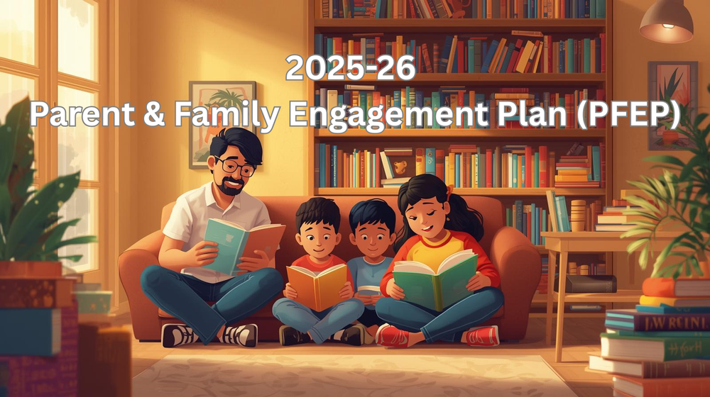 2025-26 Parent & Family Engagement Plan (PFEP). A family sitting down reading books together in a room with a bookshelf.