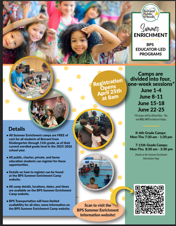 Summer Enrichment Flyer- Registration Opens Saturday April 25th- Scan the QR code