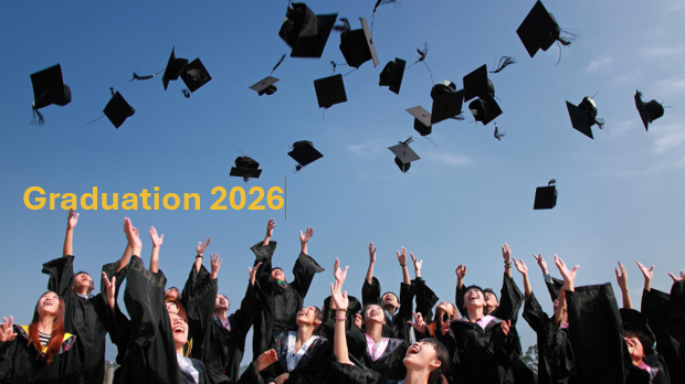 An image of graduation caps being thrown in the air with the words Graduation 2025