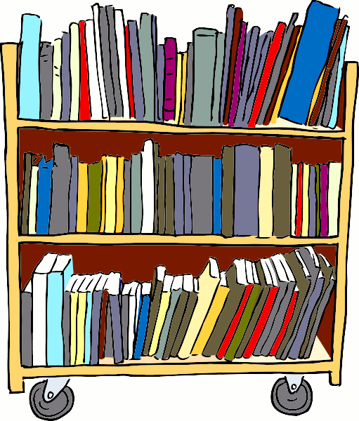 Cartoonish library cart with 3 shelves holdiing colorful books.
