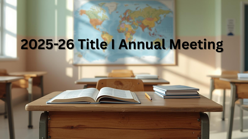 Student desk in a classroom with map on wall, books on desk. 2025-26 Title I Annual Meeting