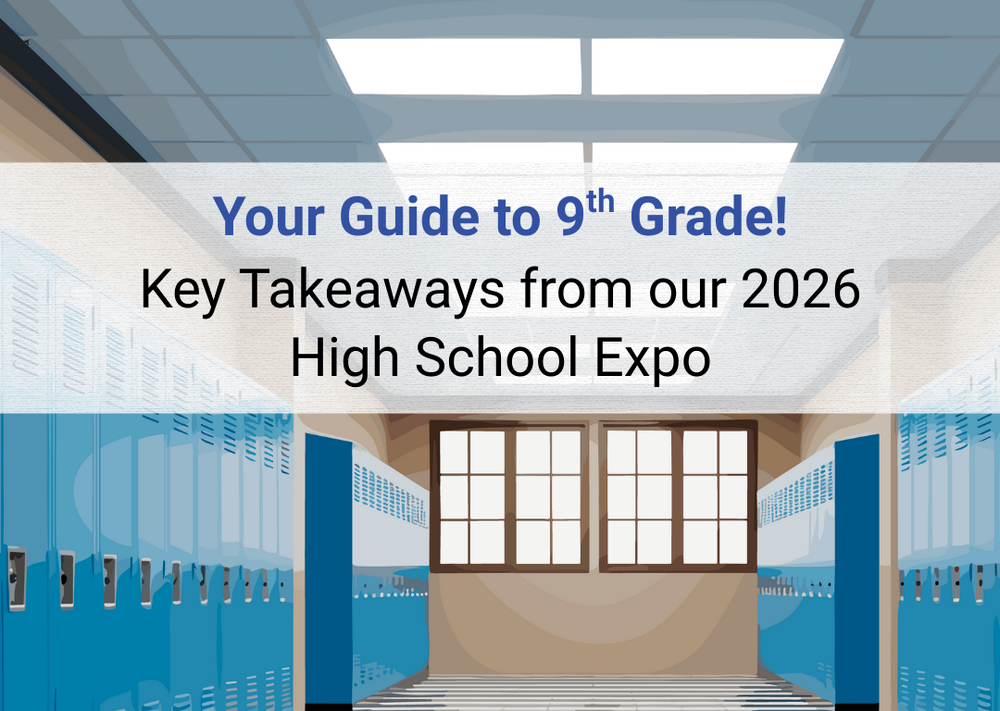 High school hallway lockers with blue and black text that reads: "Your Guide to 9th Grade! -- Key Takeaways from our 2026 High School Expo"