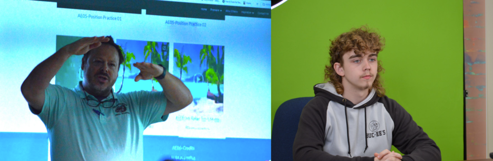 Captions:  Teaching In TV Production: John Angove, the teacher and head of TV Production, guides and instructs his students on the next steps of and in the class. TV Production was “...one of the harder classes”, said Mr. Angove. So while there was lots of creativity and personal touches in the class, guidance and some amount of lecturing was still required. TV Production worked every day to bring us our morning announcements and we can thank Mr. Angove for directing it. Photo By: Tyler Ferreira Alves Hill  Perfectly Prepared for Presentation: Bryson Anderson getting ready to read out the morning announcements in Mr. Angove’s recording room. With the task of recorded morning announcements divided between various groups of typically 11th graders, those groups had to break down further when assigned the roles of camera management, one who read the announcements, and an editor. “I want to do something whether it’s being a photographer, working with marketing with possibly a social media influencer—so doing marketing, or professional videos like ads. This class is just great for that.” said St. Fort. Photo by Tyler Ferreira Alves Hill.