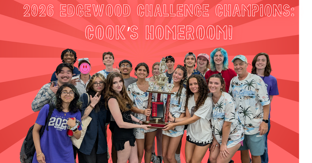 Image of Mr. Cook's homeroom, holding the Edgewood Challenge trophy