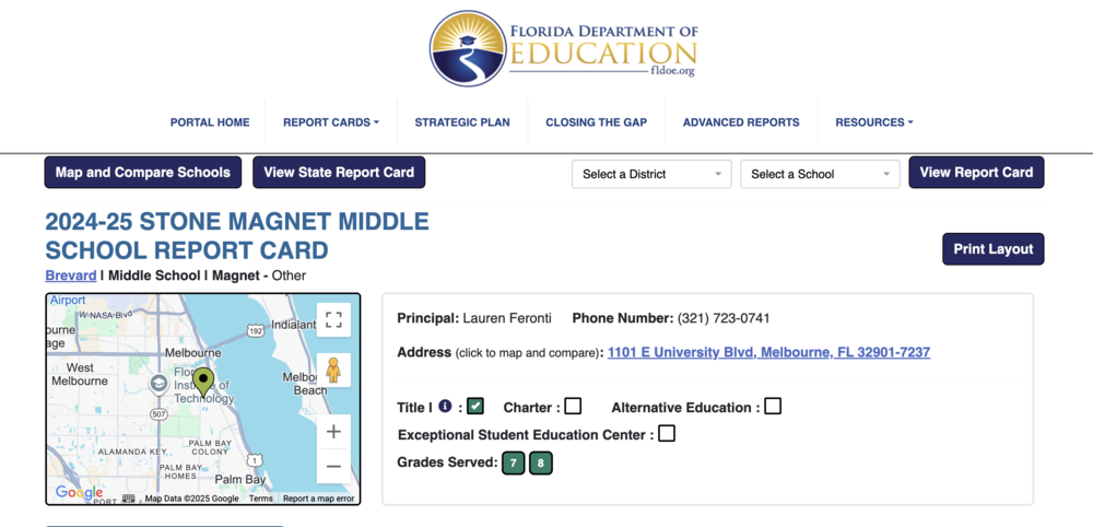 screenshot of district report card for stone from link provided  https://edudata.fldoe.org/ReportCards/Schools.html?school=2071&district=05