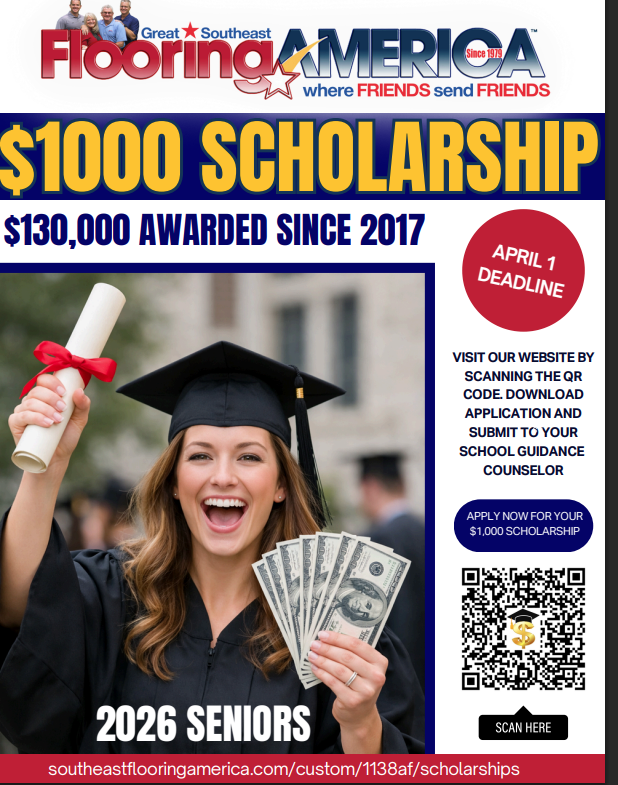 To be considered for a scholarship, students must be in their senior year and on track to graduate that year. They must be enrolled in one of the 17 high schools listed above and planning to attend a two-year or four-year college or university for the following fall semester. Students interested in earning a Great Southeast Flooring America scholarship should also be able to demonstrate traits such as high character, integrity, academic achievement, sportsmanship, citizenship, and leadership. A 500-word essay on “How I Would Use the $1,000” is also required. The deadline for submitting the application and essay is April 1.