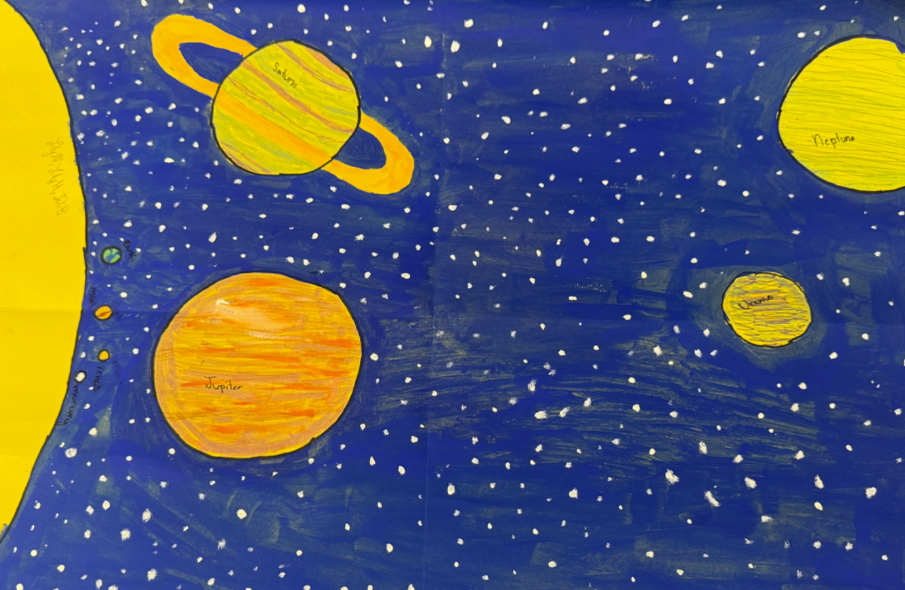 Visualizing the Planets: Students work on a scaled solar system poster during physics class to visualize planetary distances and sizes. The project was assigned to help students better understand how far apart the planets are and how difficult it is to accurately represent both size and distance on one model. Students converted real distances from miles into centimeters and illustrated each planet while adding creative details to reflect their personalities. “Perfectly measuring how far the planets were apart and their diameter was tedious,” said sophomore Joli Bartczack, noting that Pluto’s distance had to be adjusted to fit on the page. Physics teacher Laura Zamora said the assignment was designed to deepen understanding through hands-on learning, explaining that “creativity is a great teacher,” especially when students can visualize concepts for themselves. Photo by Lily Majors