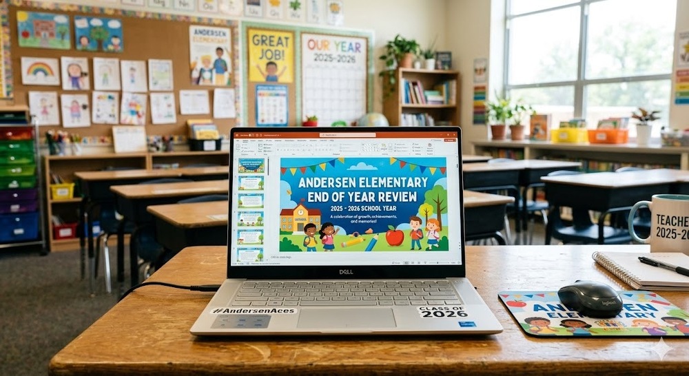 Image of a laptop with the Andersen Elementary End of Year Evaluation PowerPoint displayed