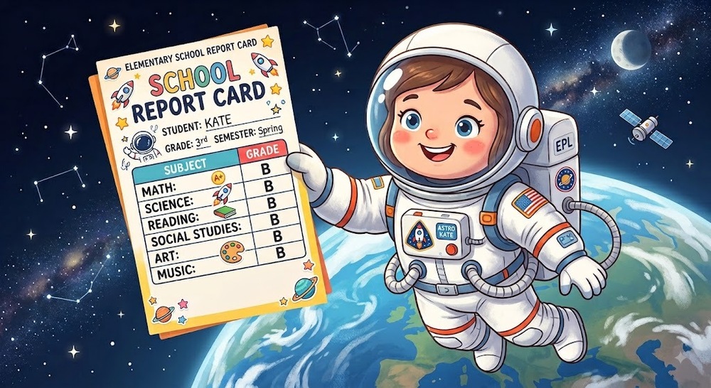astronaut holding a report card