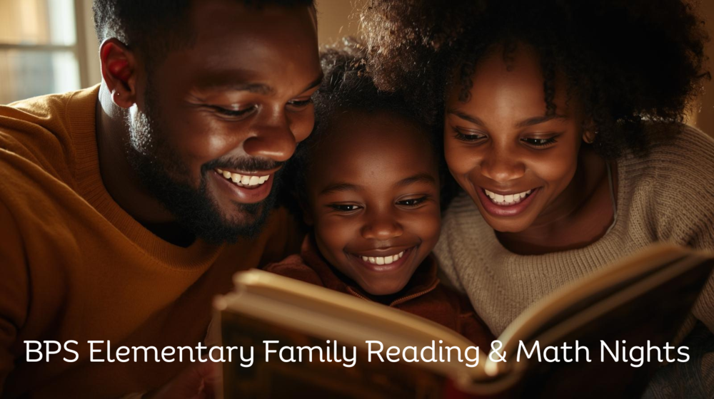 Family reading a book together. BPS Elementary Family Reading & Math Nights