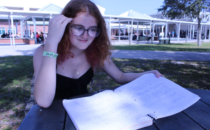 Caption: Freshman Maddyx Hill studies for a science test happening on Wednesday. Hill wishes she had some sort of fast technology by her side while studying. “I study much better with music on and with my phone by my side while I do work,” she said. Photo credits to Matthew Trazzera