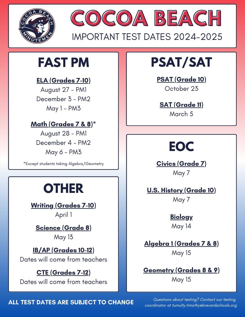 Testing schedule updated