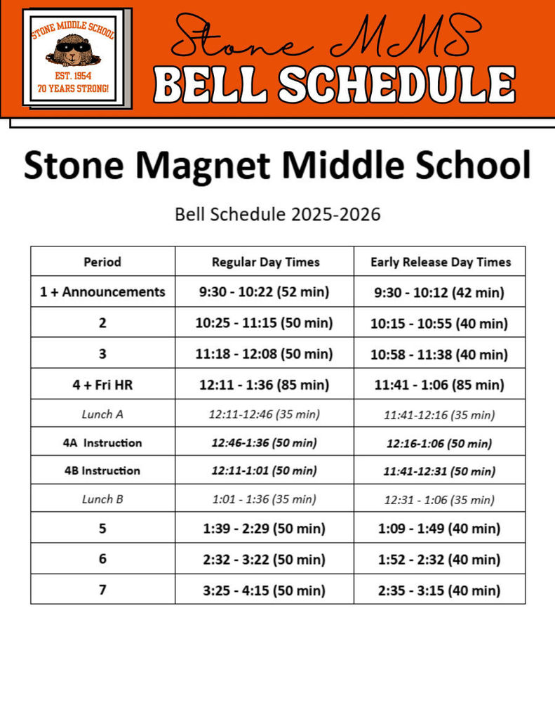 Bell schedule for 2025-2026 school year.  Regular Day Times Period	Time	Duration Period 1 + Announcements	9:30 - 10:22	52 min Period 2	10:25 - 11:15	50 min Period 3	11:18 - 12:08	50 min Period 4 + Fri HR	12:11 - 1:36	85 min Lunch A	12:11 - 12:46	35 min 4A Instruction	12:46 - 1:36	50 min 4B Instruction	12:11 - 1:01	50 min Early Release Day Times Period	Time	Duration Period 1 + Announcements	9:30 - 10:12	42 min Period 2	10:15 - 10:55	40 min Period 3	10:58 - 11:38	40 min Period 4	11:41 - 1:06	85 min Lunch B	11:41 - 12:16	35 min Period 5	1:01 - 1:36	35 min Period 6	1:39 - 2:29	50 min