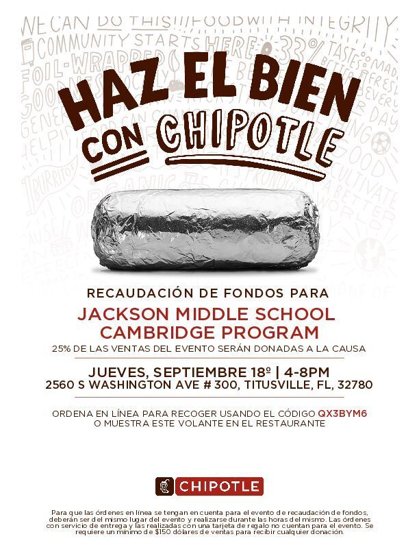 ¡Únete a nosotros para nuestra Noche de Espíritu Chipotle para recaudar fondos para nuestro Programa de Cambridge! Consulta los volantes para más detalles.