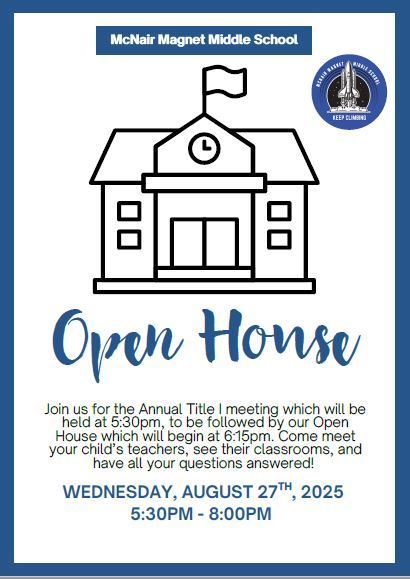 Mark your calendars Challenger Families! Our Annual Title 1 Meeting will be on August 27th at 5:30 PM in the Performing Arts Building. Open House will follow at 6:15 PM in your child's 1st period class.