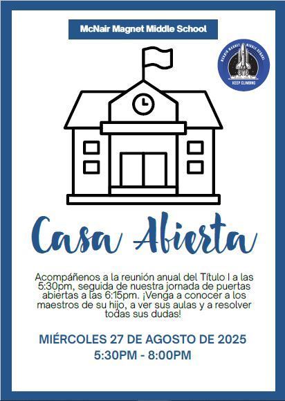 ¡Apunten sus calendarios, familias de Challenger! Nuestra Reunión Anual del Título 1 será el 27 de agosto a las 17:30 en el Edificio de Artes Escénicas. Después, habrá una jornada de puertas abiertas a las 18:15 en la clase del primer periodo de su hijo/a.
