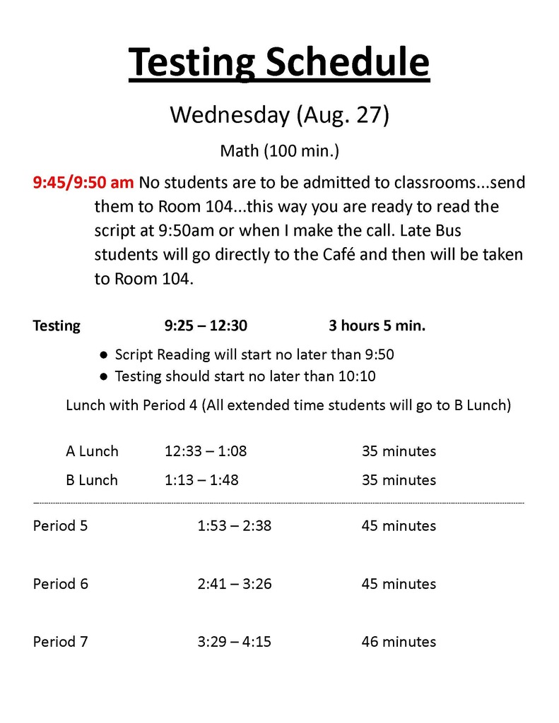 Stone's PM 1 state testing dates are on August 26 for ELA and August 27 for Math. See images for adjusted bell schedules for those two dates. Please do your best to have your student to school before the 9:30am bell and do not pick them up before 2:00pm when at all possible. Encourage your student to get a good nights sleep, to eat breakfast, and do their best on the test!
