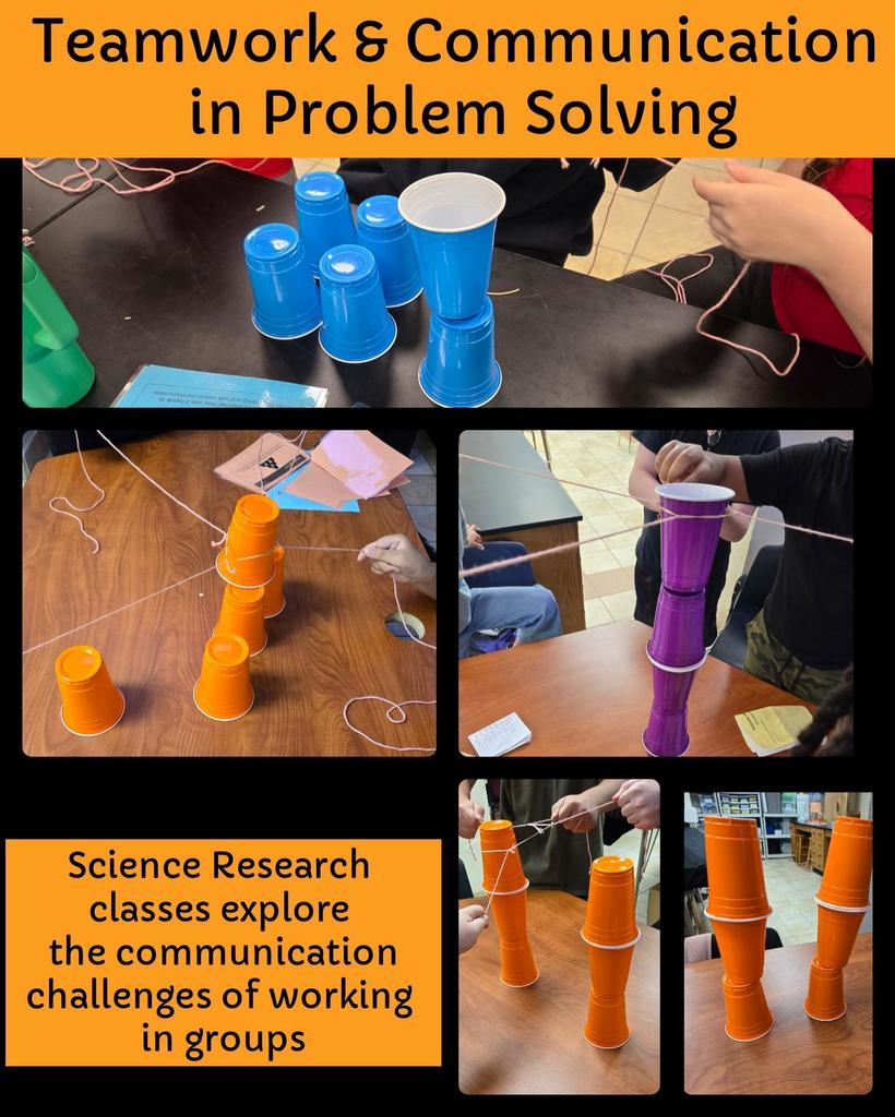 image of student hands working with string and different colored solo cups. Our Stone science research classes, under the direction of Dr. Alexander, completed teamwork and problem solving challenges during the first week of classes!